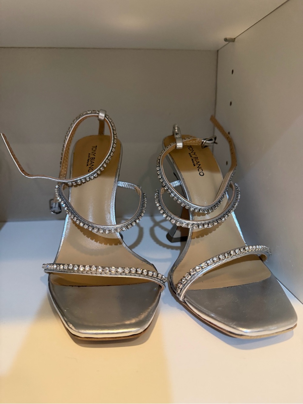 Tony Bianco Silver Crystal-Embellished Strappy Heels
